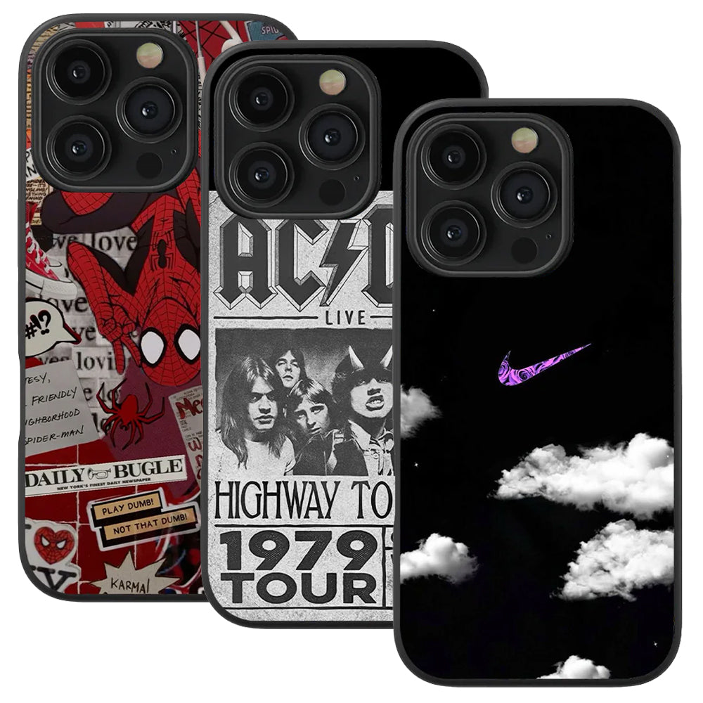 Spider-Man Aesthetic & AC X DC Spotify & Nike Clouds Glass Phone Case Combo of 3