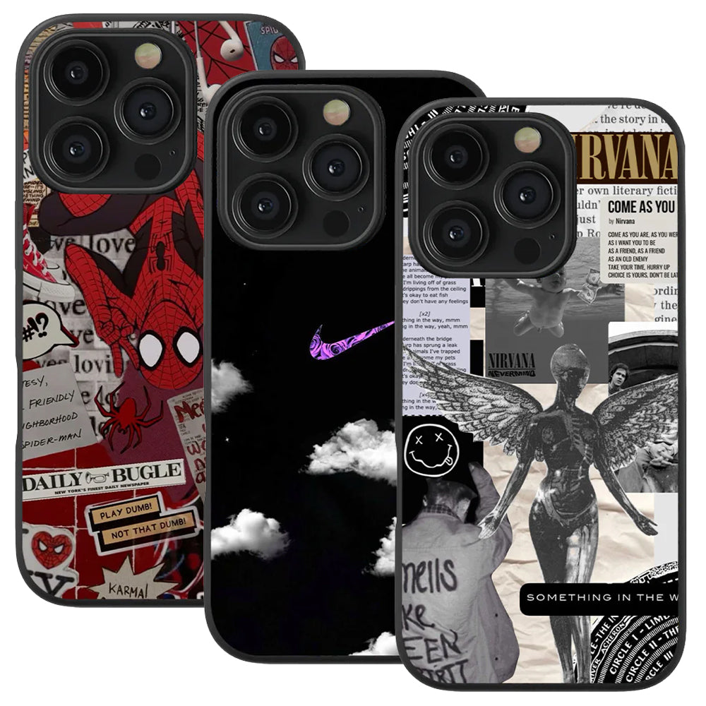 Spider-Man Aesthetic & Nike Clouds & Nirvana Spotify Glass Phone Case Combo of 3